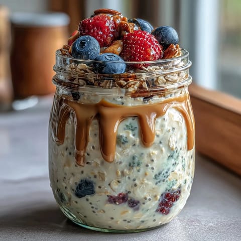 Wholesome overnight oats layered with juicy berries and a creamy almond butter swirl, perfect for a healthy breakfast.  