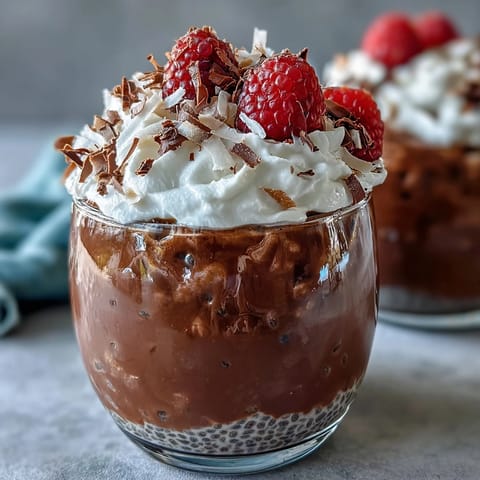 A stunning layered vegan chocolate chia pudding parfait with fluffy coconut whip and fresh berries.  