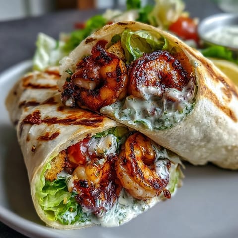 Fresh grilled shrimp and crisp romaine lettuce wrapped in a tortilla with homemade Caesar dressing.  