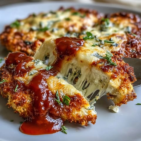 Golden-baked keto chicken parmesan with almond flour crust, marinara sauce, and melted mozzarella, perfect for low-carb Italian dinner.  