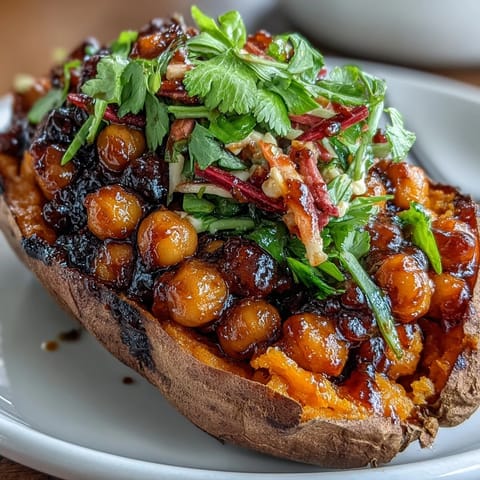 Roasted sweet potatoes filled with smoky BBQ chickpeas and vibrant slaw, garnished with green onions for extra flavor.  