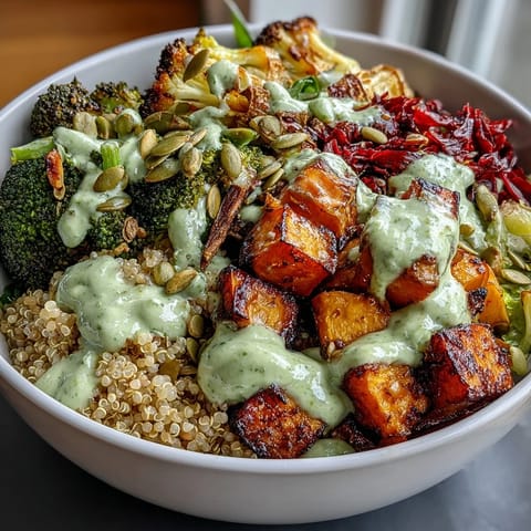 A colorful vegan Buddha bowl with roasted sweet potatoes, broccoli, and zucchini, topped with creamy green goddess avocado dressing.  