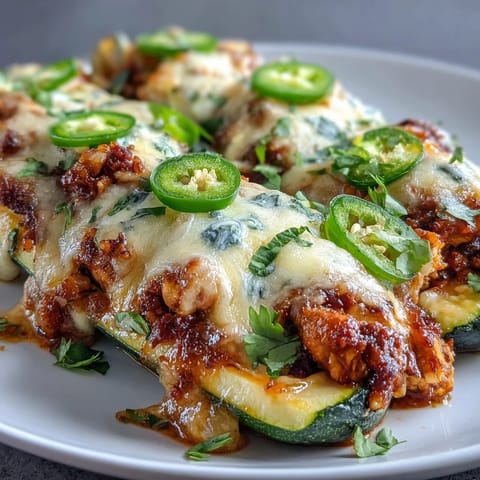 Keto chicken enchilada zucchini boats with melty cheese and tender chicken filling.  