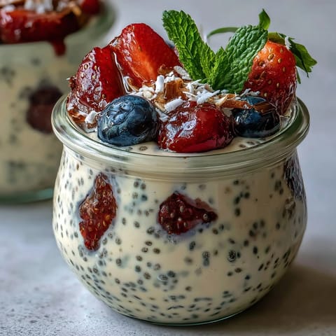 A vibrant layered chia pudding with fresh summer berries in clear glass jars, perfect for healthy meal prep.  