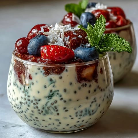 Creamy vanilla chia pudding topped with colorful strawberries, blueberries, and raspberries for a refreshing breakfast treat.  
