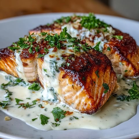 Creamy baked salmon with lemon butter sauce, tender fillets topped with rich Parmesan cream cheese sauce, garnished with fresh parsley and lemon wedges.  