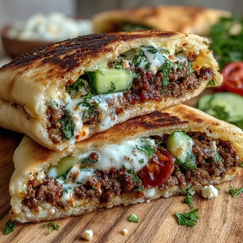 Savory Mediterranean ground beef stuffed in warm pita pockets with crisp vegetables, creamy yogurt sauce, and tangy feta for a vibrant, handheld meal.  