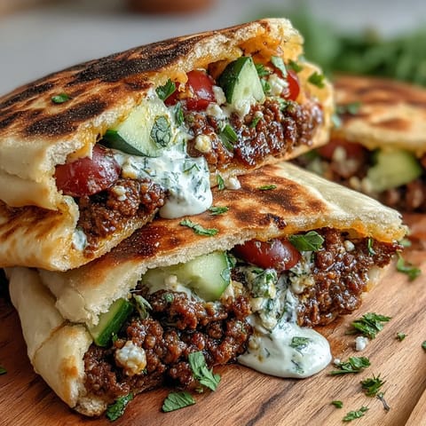 Hearty pita pockets filled with spiced ground beef, fresh cucumber, cherry tomatoes, and crumbled feta, drizzled with cool, tangy yogurt sauce.  