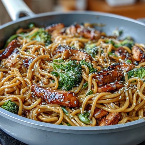 A colorful bowl of sticky garlic chicken noodles, packed with tender chicken, crisp vegetables, and a glossy soy-honey glaze, garnished with sesame seeds and green onions.