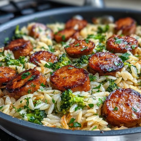 Comforting weeknight dinner featuring sizzling chicken sausage, orzo pasta, and fresh broccoli florets, finished with zesty lemon and Parmesan cheese.  