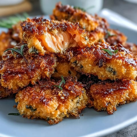 Close-up of baked salmon bites with crunchy panko coating, served alongside a small dish of lemon-dill dipping sauce.  