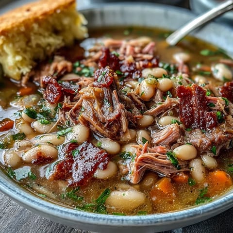 A steaming bowl of smoky ham hock and bean soup with tender beans and vegetables, served alongside golden, crumbly cornbread for a comforting Southern meal.