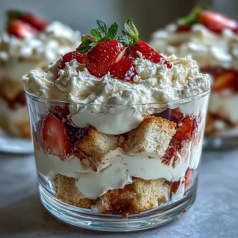 Galentines Strawberry Shortcake Trifle with layers of golden shortcake, fresh strawberries, and fluffy whipped cream.