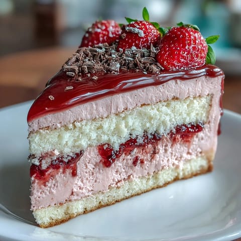Layered Valentine's Day strawberry mousse cake with airy sponge, fresh berry mousse, and glossy glaze, perfect for romantic celebrations.