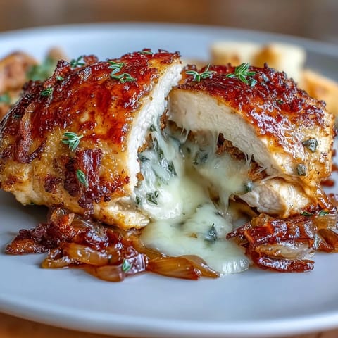 Juicy chicken breasts stuffed with caramelized onions and melted Gruyère cheese, inspired by classic French onion soup.