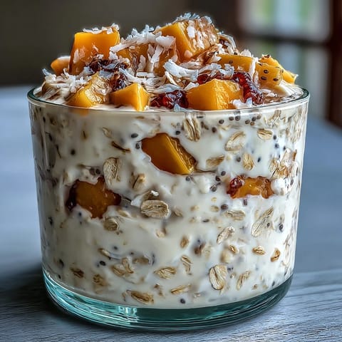 Tropical mango and coconut overnight oats layered with Greek yogurt, topped with crunchy almonds and shredded coconut.  