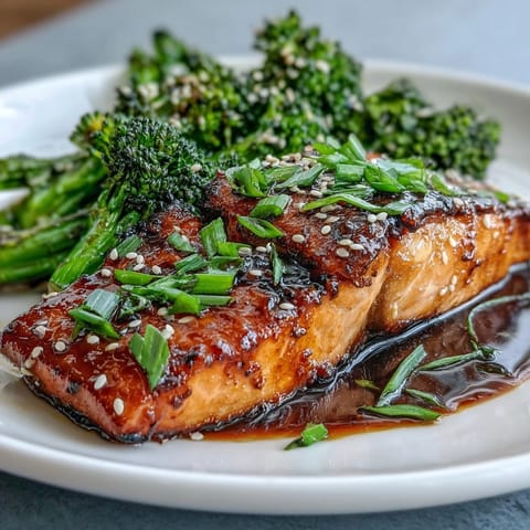 A golden honey-soy glazed salmon fillet with sesame broccoli, showcasing a glossy, caramelized finish and vibrant green florets.  