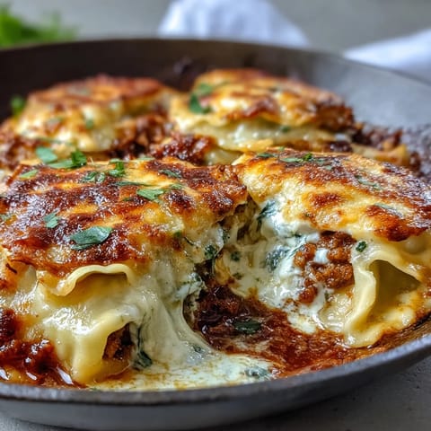 Hearty one-pan dumpling lasagna skillet with ground turkey, cabbage, and melted cheese, baked until bubbly and golden.