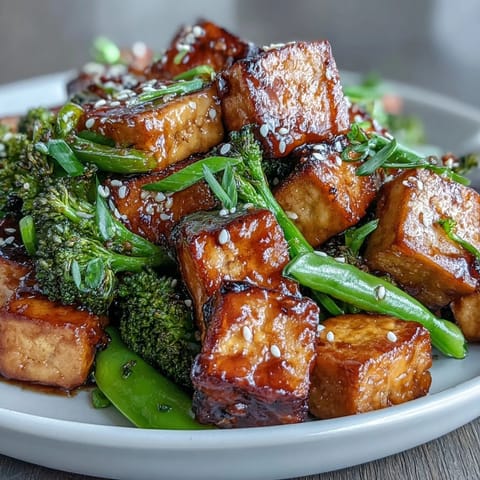 A colorful vegan stir-fry with crispy tofu, tender broccoli, and sweet snap peas in glossy teriyaki sauce.  
