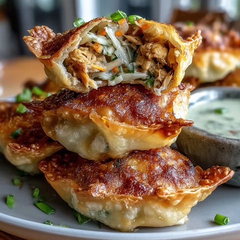 Crispy rice paper dumplings filled with seasoned chicken and colorful veggies, served hot with a tangy dipping sauce.  