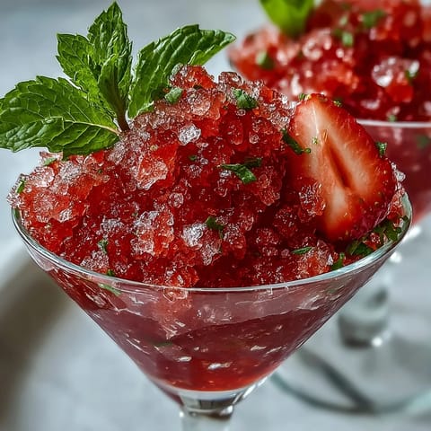 A vibrant strawberry lime daiquiri granita served in elegant cups, garnished with fresh mint and lime wedges for a refreshing summer dessert.