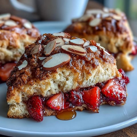 Golden brown butter scones with juicy strawberries and crunchy almond slices, perfect for a cozy breakfast or afternoon tea.  