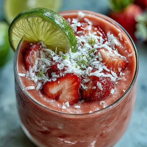 A creamy, vibrant strawberry coconut daiquiri smoothie topped with fresh strawberry slices and shredded coconut.  