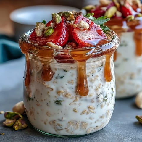 Creamy overnight oats with fresh strawberries, crunchy pistachios, and golden honey drizzle in a glass jar.  