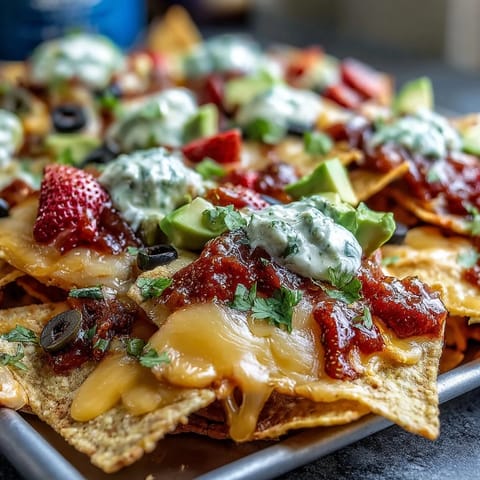 Festive summer party nacho board with crispy tortilla chips and zesty strawberry salsa, perfect for sharing with friends at warm-weather gatherings.