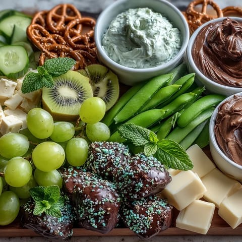 Vibrant St. Patricks Day treats board filled with green snacks, fresh fruits, cheeses, and festive sweets for a holiday celebration.