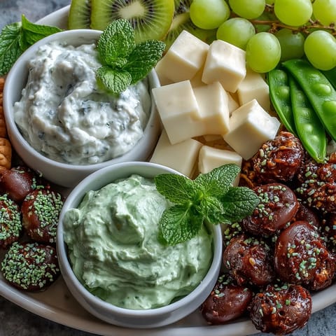 Festive green snack board featuring kiwi, cucumber, snap peas, guacamole, and mint candies—perfect for St. Patricks Day gatherings.