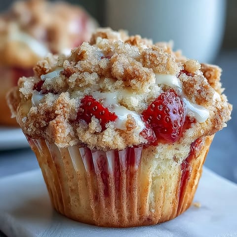 Golden strawberry muffins topped with a buttery cinnamon crumble, bursting with juicy fresh berries and perfect for breakfast or dessert.