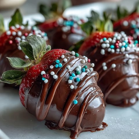 Festive strawberries coated in smooth dark chocolate and topped with bright sprinkles, perfect for Easter gatherings or brunch tables.