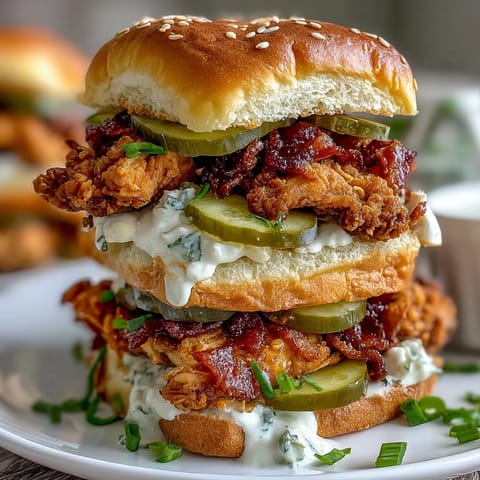 Slow cooker Mississippi chicken piled high on soft brioche buns with tangy pickles for a zesty, tender sandwich.