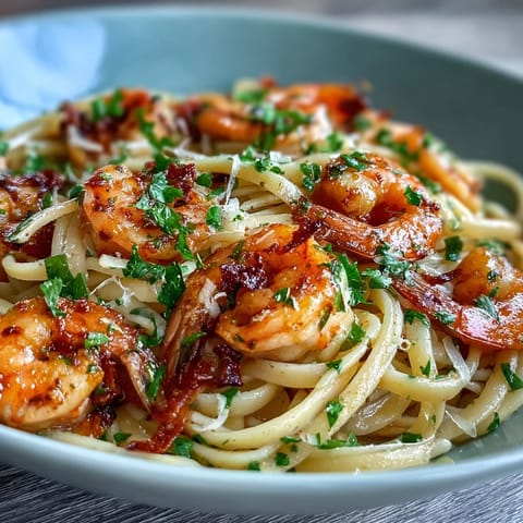 A vibrant plate of lemon garlic shrimp pasta with juicy shrimp, fresh parsley, and zesty lemon slices.  