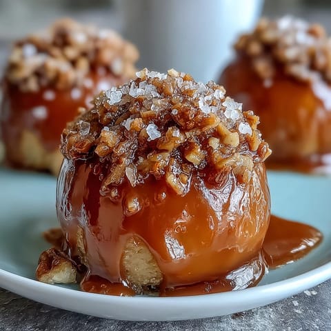 Crisp caramel-dipped apples with a sprinkle of flaky sea salt, offering a sweet and salty fall treat perfect for parties.  