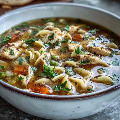 Creamy Chicken Run One-Pot Chicken Noodle Soup with tender chicken, fresh vegetables, and hearty egg noodles in a savory broth.  