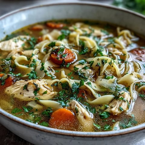 Warm bowl of Chicken Run One-Pot Chicken Noodle Soup with vibrant carrots, celery, and green beans simmering together.  