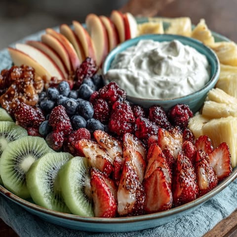 Fresh seasonal fruit arranged in a flower design, perfect for spring gatherings, with a sweet vanilla-yogurt dipping sauce.