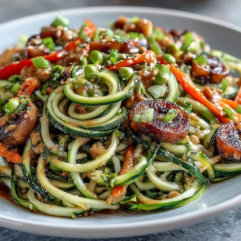 Vibrant Healthy Easy Zucchini Noodle Stir-Fry with Peanut Sauce in a colorful skillet, topped with crushed peanuts and cilantro.