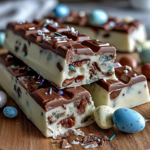 2. Festive Easter dessert featuring swirled pastel chocolate bark, crunchy Cadbury mini eggs, and vibrant candy melt accents.  