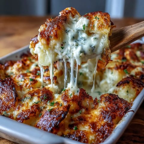 A golden, bubbling casserole of creamy scalloped potatoes with melted cheddar and mozzarella cheese.  