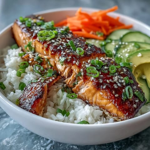 A colorful teriyaki salmon bowl with glazed salmon, fresh vegetables, and fluffy jasmine rice, perfect for a quick and healthy dinner.