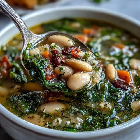 Creamy Tuscan White Bean and Spinach Soup in a rustic bowl, garnished with fresh basil and Parmesan cheese.