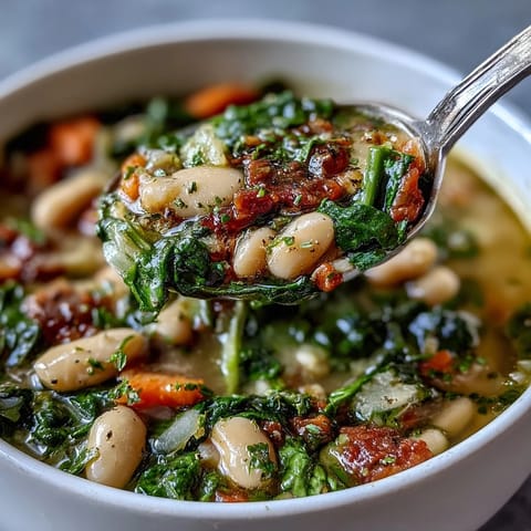 Hearty slow cooker Tuscan White Bean and Spinach Soup with tender vegetables, aromatic herbs, and vibrant green spinach.