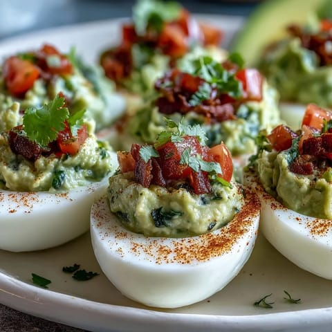 Creamy guacamole stuffed deviled eggs with fresh avocado and lime, garnished with smoked paprika and cilantro.
