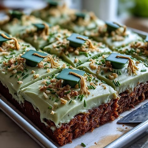 This Graduation Sheet Cake features smooth sage green frosting with shimmering gold accents.