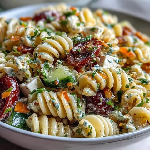 Vibrant Memorial Day Pasta Salad, piled high with crisp veggies and zesty Italian dressing.