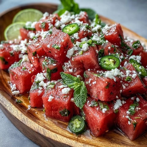 Vibrant, refreshing watermelon chili lime salad with mint, bursting with citrus and spice.