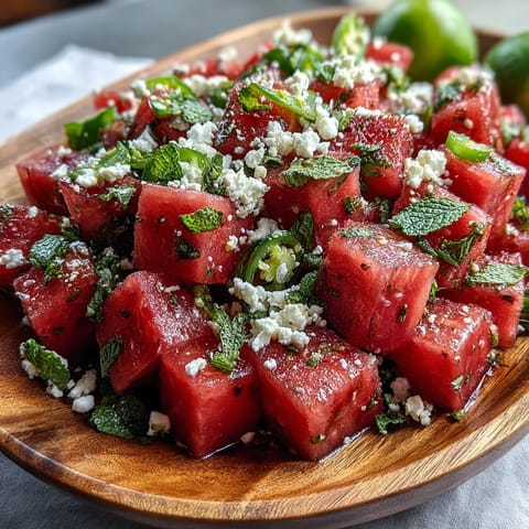Crisp watermelon chili lime salad with mint, perfectly chilled for a summer picnic.